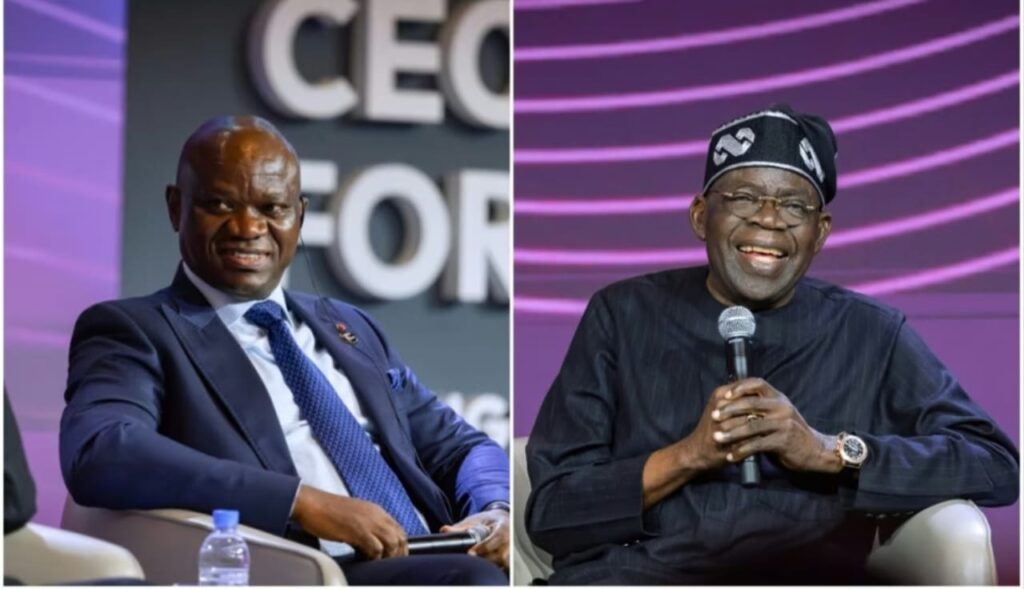 President of Gabon, Brice Clotaire Oligui Nguema (L) and President of Nigeria, Bola Ahmed Tinubu (R) during a presidential panel discussion at Africa CEO Forum on Thursday, May 14. Photos by Dan Gatsinzi