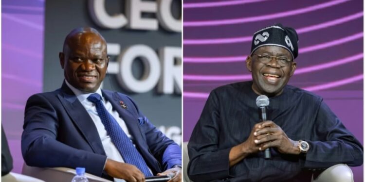 President of Gabon, Brice Clotaire Oligui Nguema (L) and President of Nigeria, Bola Ahmed Tinubu (R) during a presidential panel discussion at Africa CEO Forum on Thursday, May 14. Photos by Dan Gatsinzi