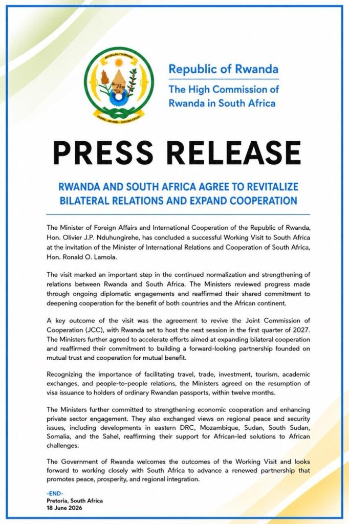 Rwanda, South Africa agree to renew, expand ties
